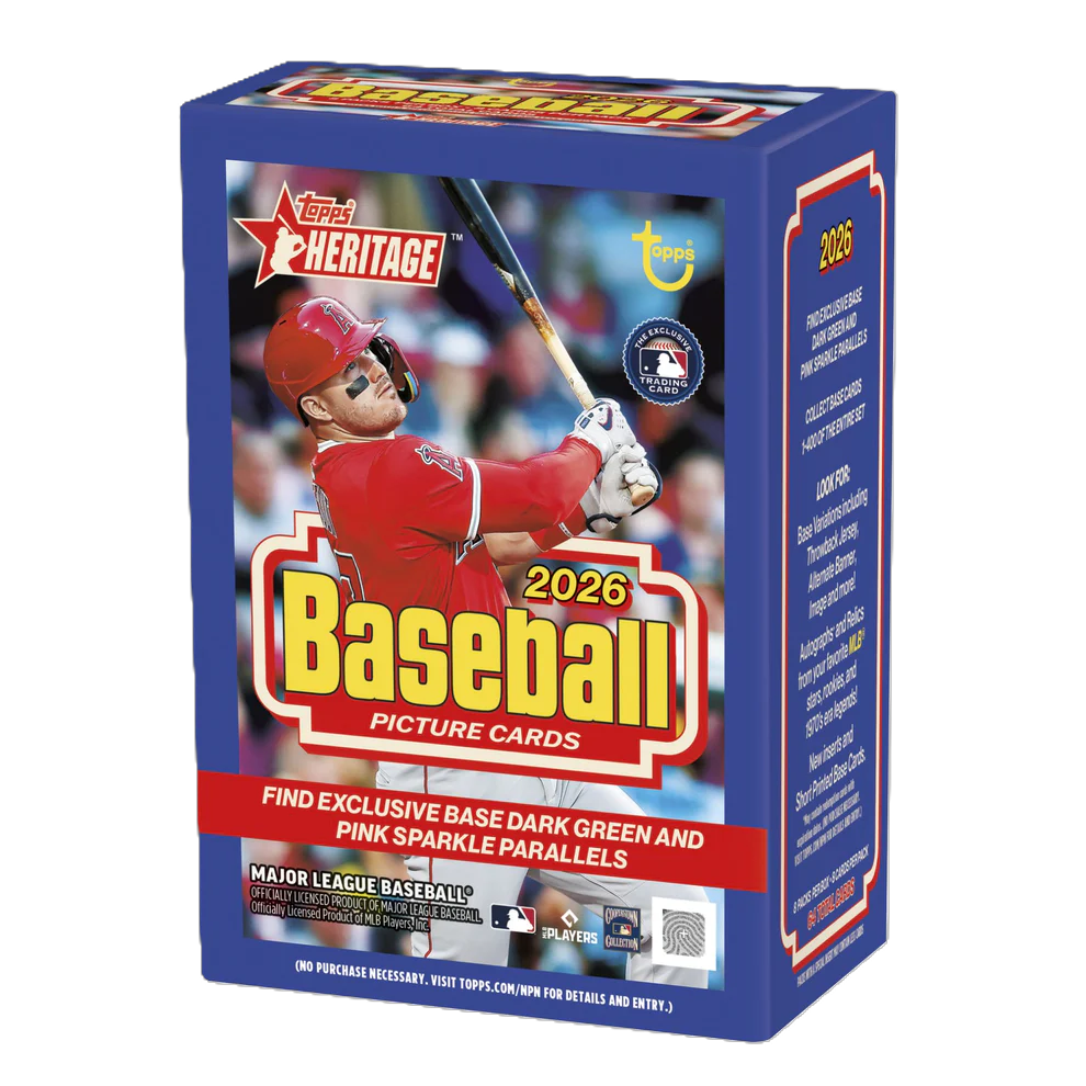 Box of 2026 retro-style baseball trading card blaster showing illustrated players and team logos