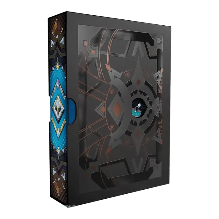 Close-up of the MTG Secrets of Strixhaven Codex Bundle box with colorful arcane sigils and foil accents