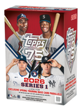 Box of 2026 baseball trading card blaster packs with colorful player card images spilling from the top