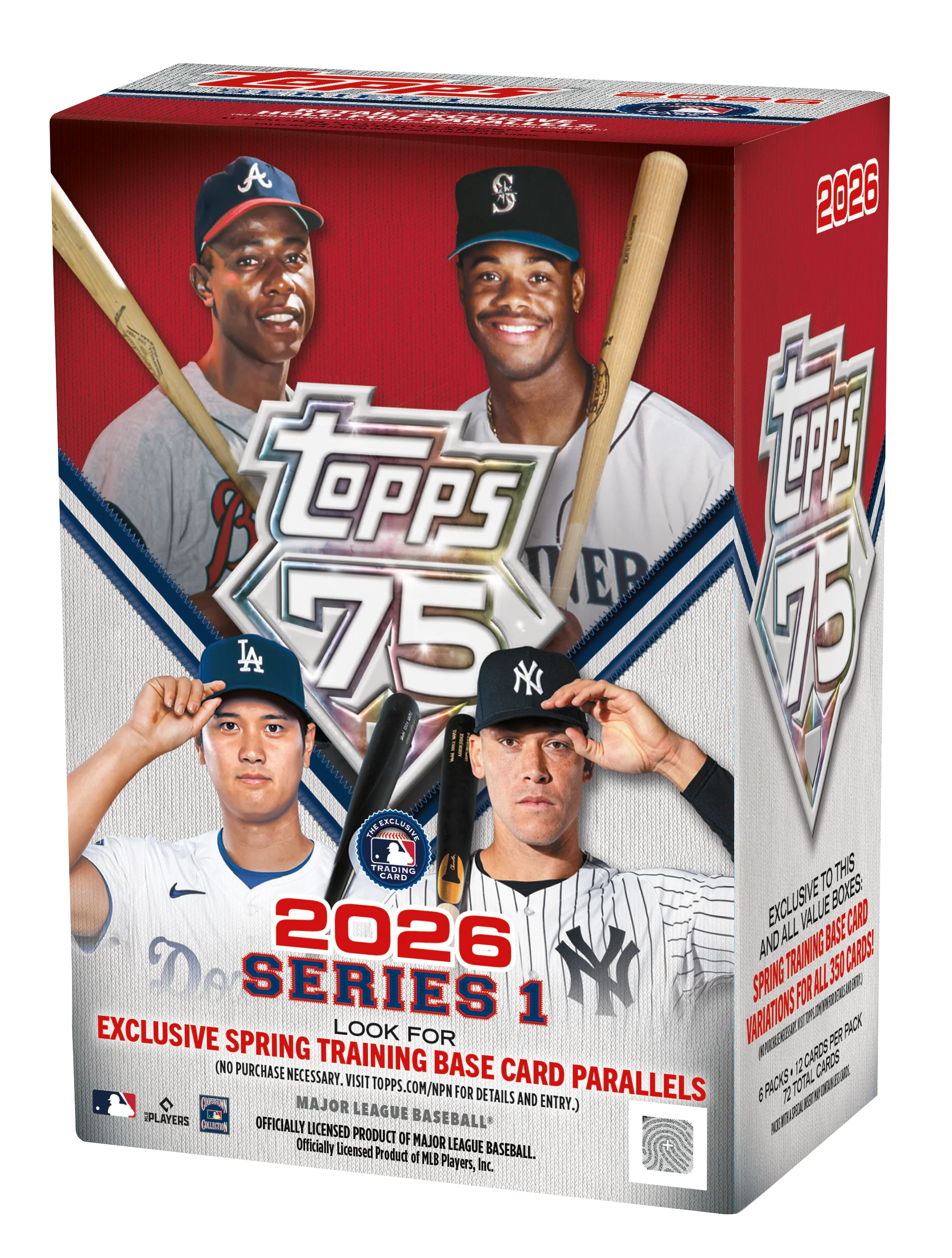 Box of 2026 baseball trading card blaster packs with colorful player card images spilling from the top