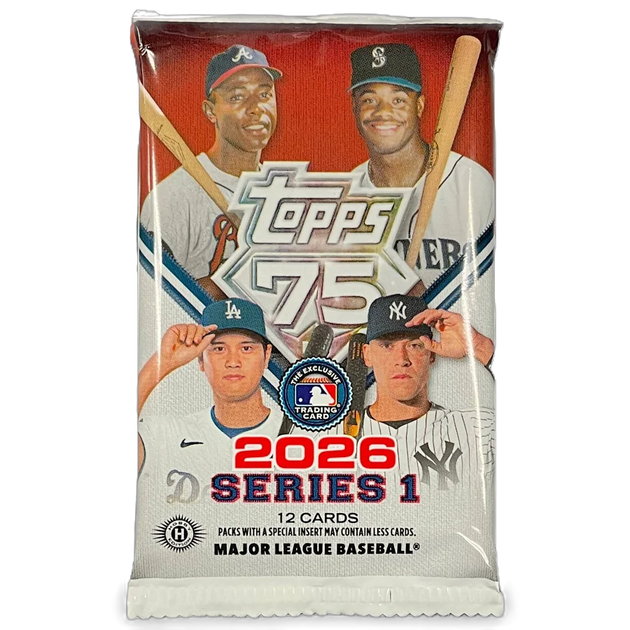 Pack of 2026 baseball trading cards with colorful team logos and a player action shot visible through the wrapper.