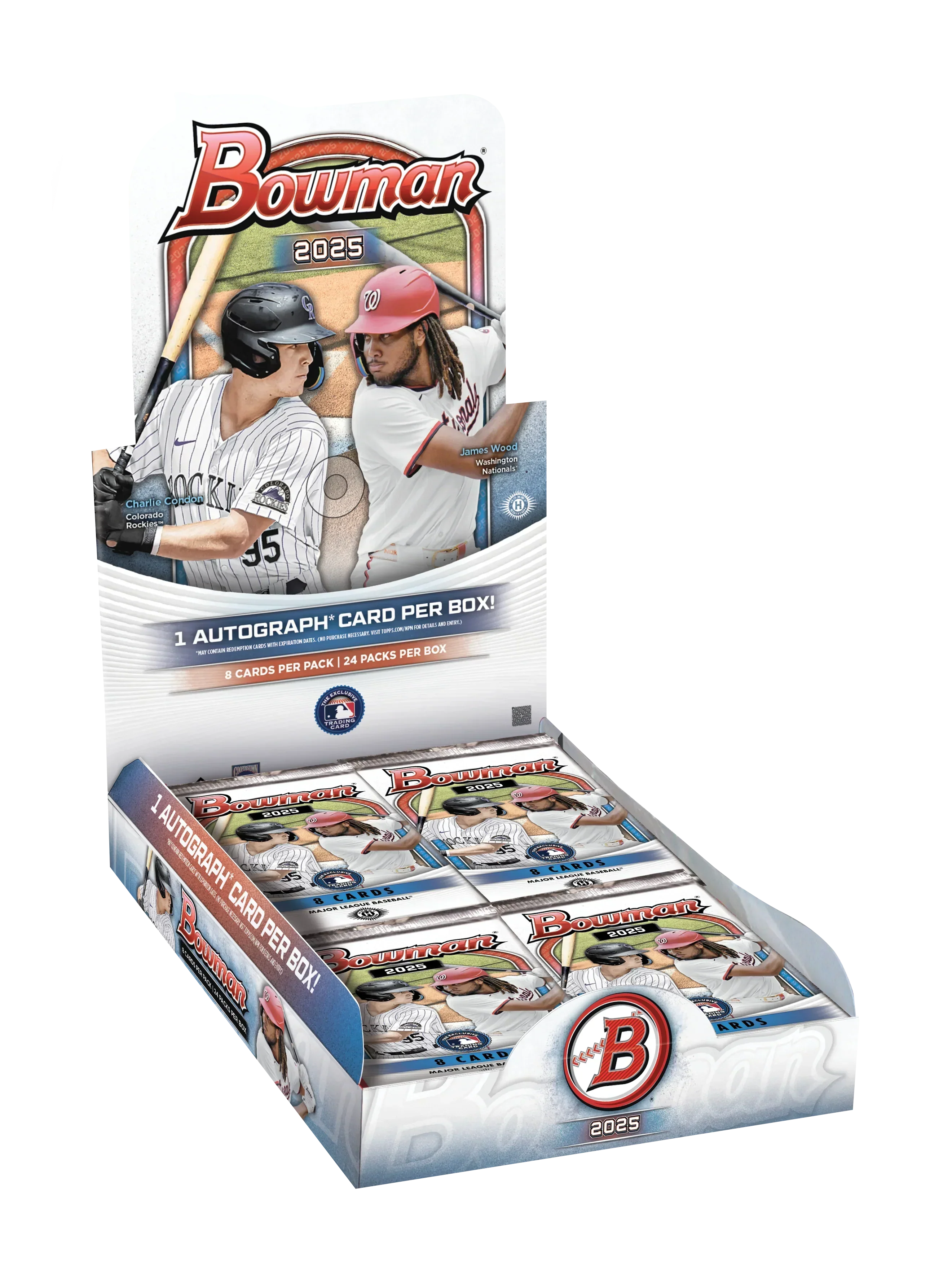 Sealed 2025 Bowman baseball hobby box with colorful player card artwork visible on front