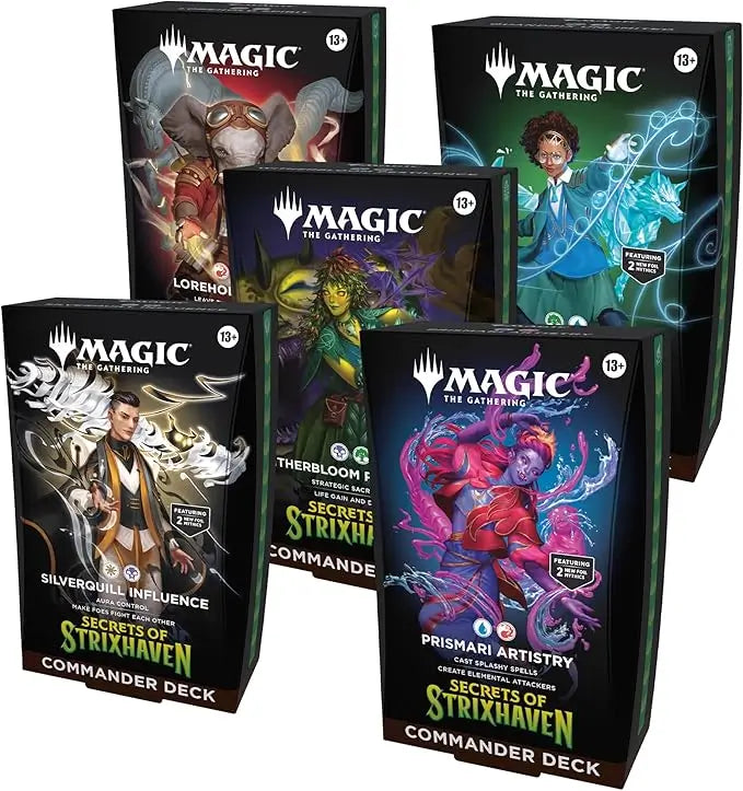 Commander deck box art showing Primedexi Planeswalker with mystical university sigils and arcane books
