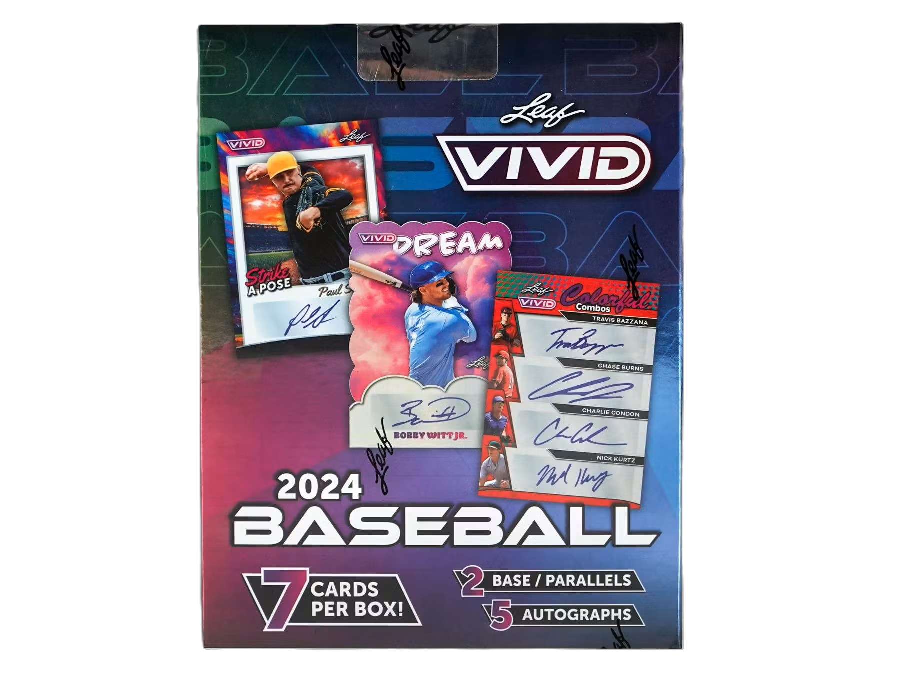 2024 Leaf Vivid baseball hobby box packaging showing colorful player artwork and product labeling on a white background.