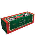 Three collectible baseball card tins stacked beside festive 2025 Topps Holiday design with cards peeking out