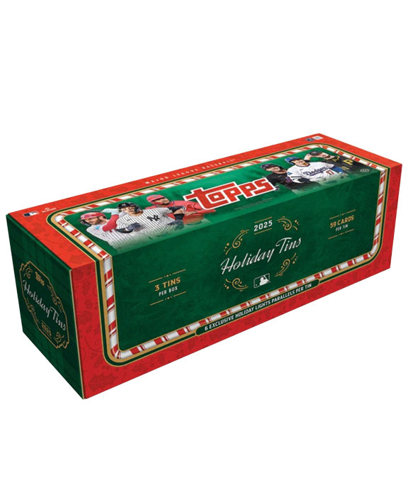 Three collectible baseball card tins stacked beside festive 2025 Topps Holiday design with cards peeking out