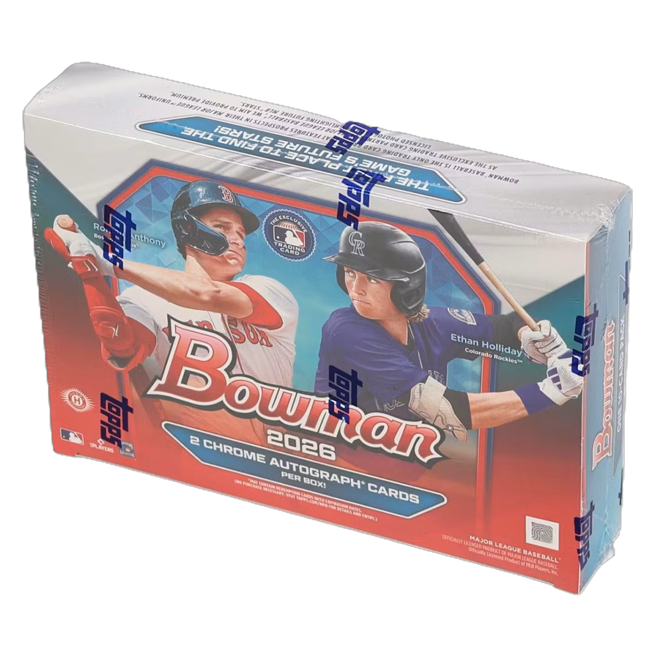 2026 Bowman baseball card hobby box with colorful rookie card designs displayed upright
