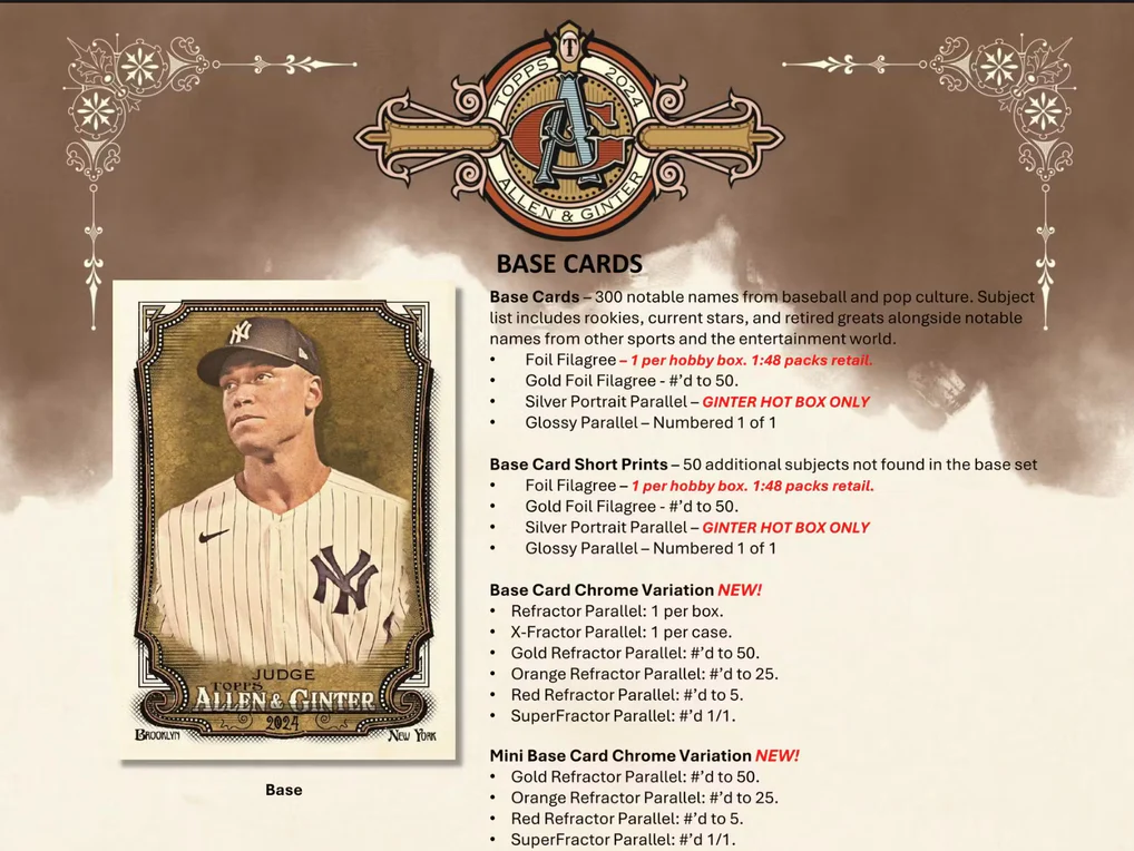 Close-up of Allen & Ginter 2024 Hobby pack front artwork showing vintage-style baseball player illustration and logo