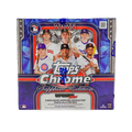 Box of 2025 Topps Chrome Update Sapphire Edition baseball cards with blue chrome design and team logos visible