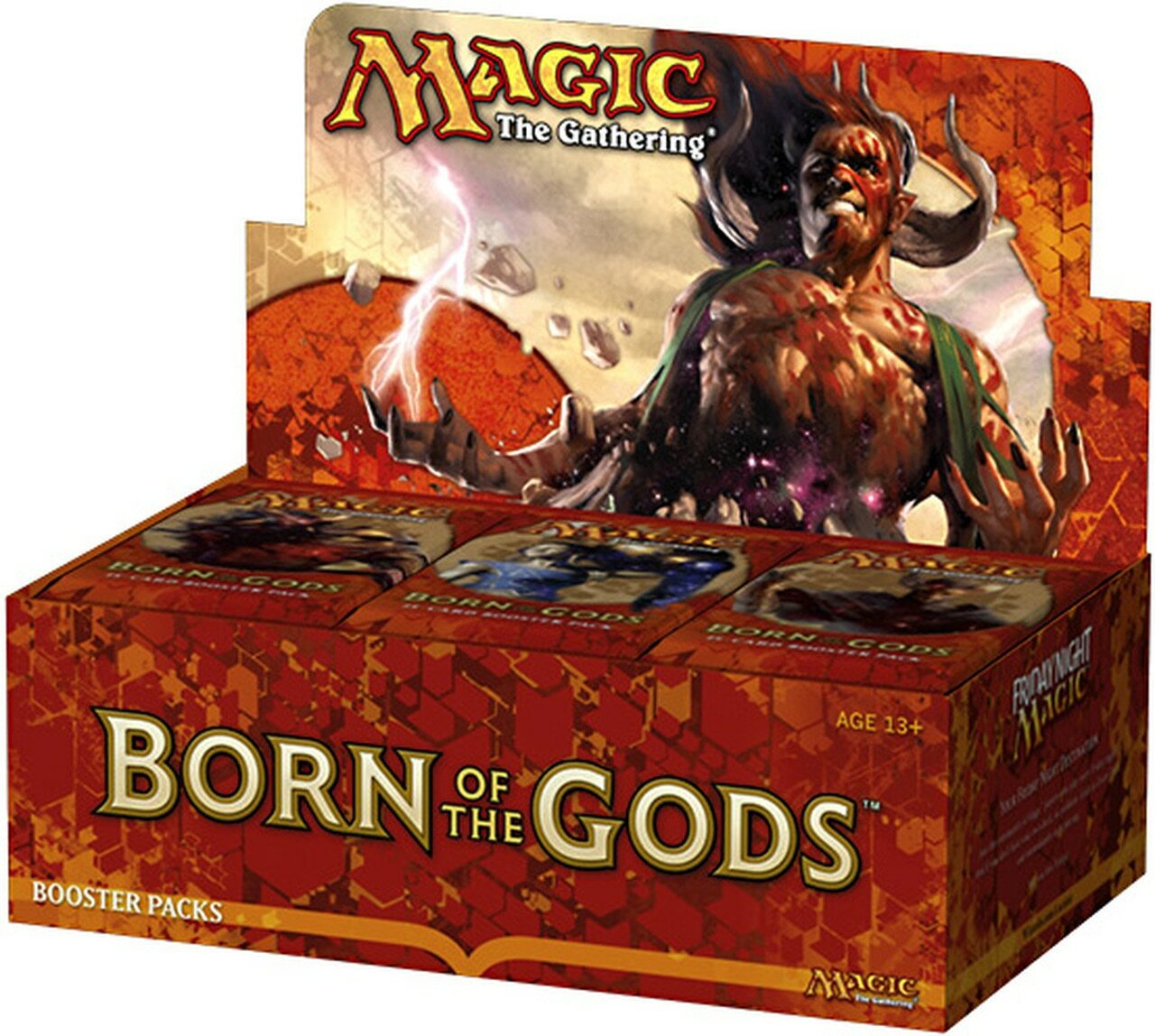 Sealed booster box with fantasy artwork of a winged warrior and mystical symbols on a dark blue background