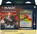 Commander deck box with Fallout-themed artwork featuring Vault Boy, retro-futuristic motifs, and a bold title