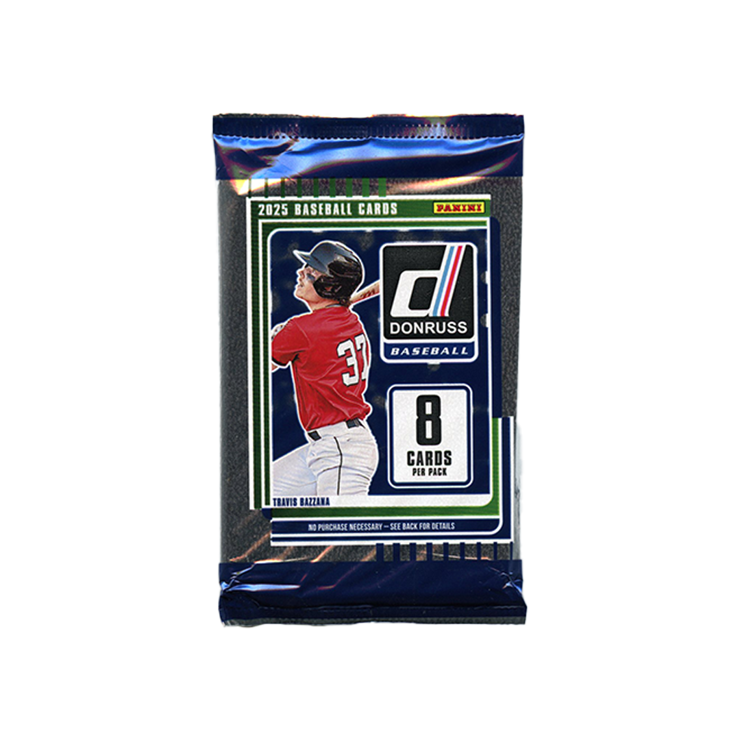 2025 Donruss baseball hobby pack box with colorful player artwork and sealed packaging