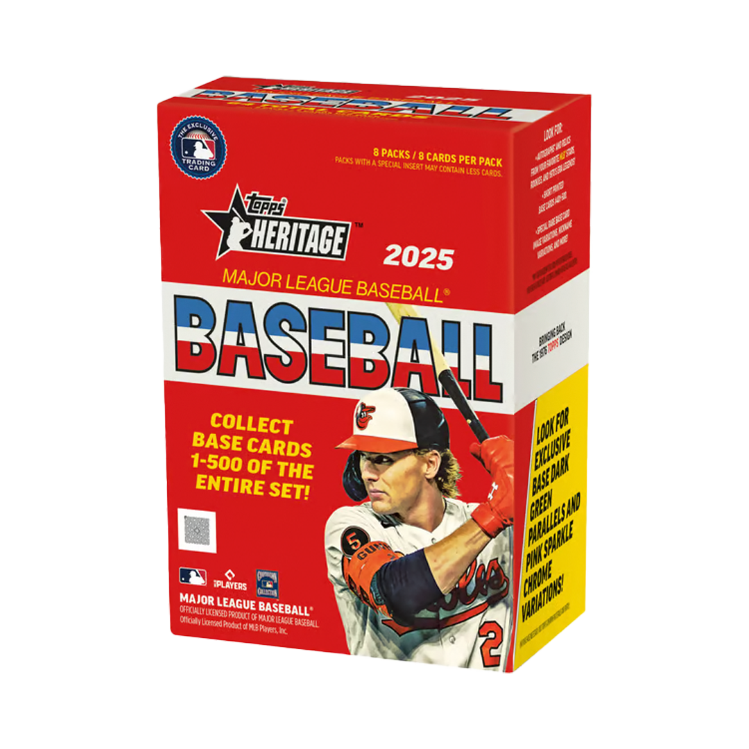 Blaster box of 2025 Topps Heritage baseball cards featuring retro team logo artwork and sealed plastic packaging.