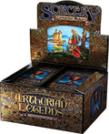 Booster box of Arthurian Legends trading cards with illustrated knight and ornate crest on a blue background
