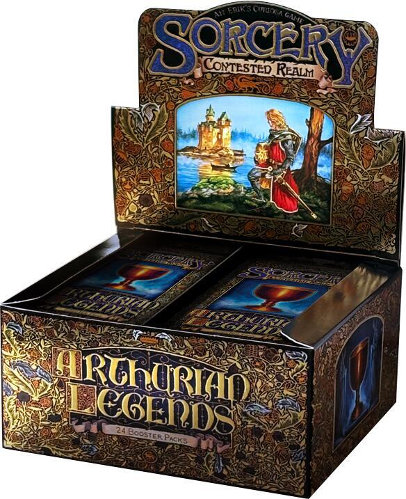Booster box of Arthurian Legends trading cards with illustrated knight and ornate crest on a blue background
