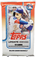 2025 baseball hobby pack box with colorful card artwork and player images on a white background