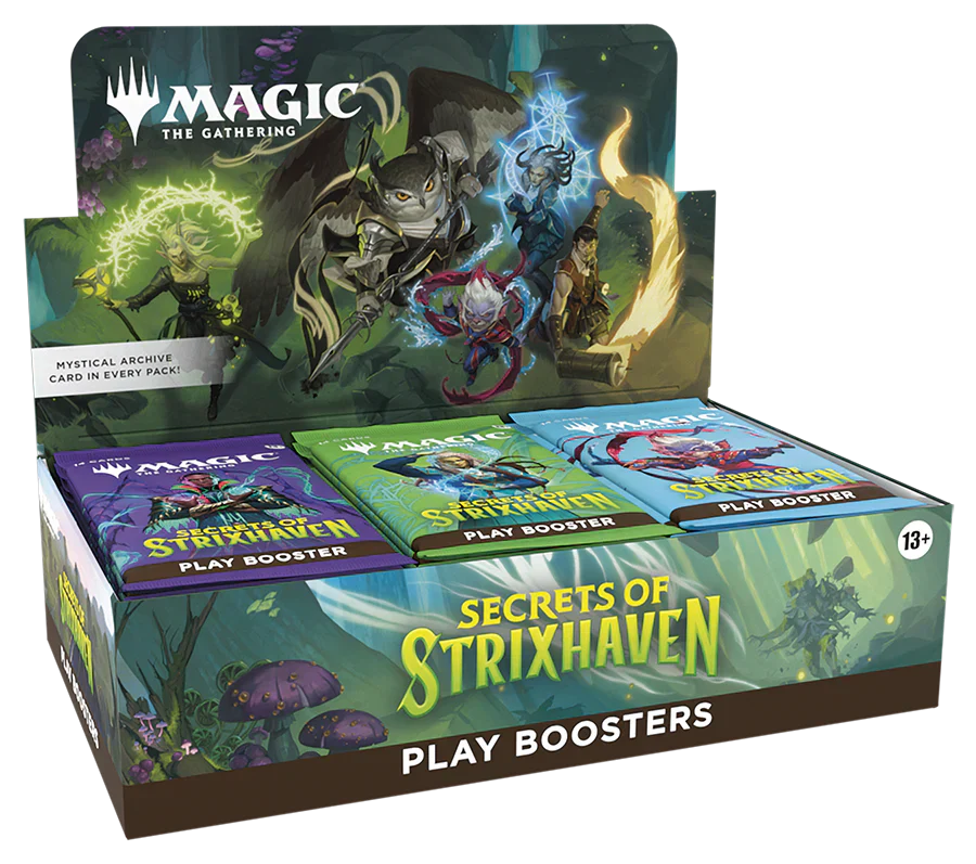Box of 30 Magic booster packs from the Strixhaven set with colorful card art spilling out