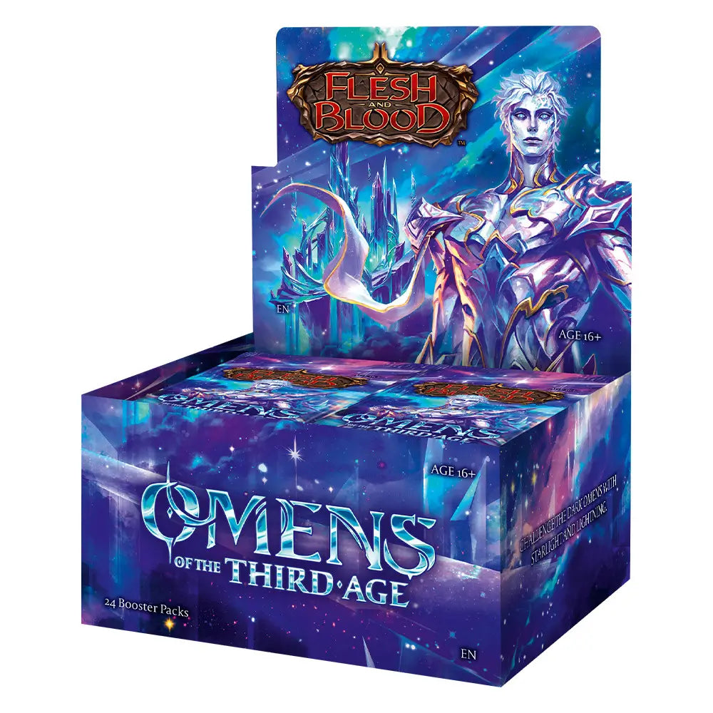Sealed booster box of Flesh and Blood Omens of the Third Age showing collectible card pack artwork