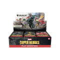 Sealed booster box with colorful Marvel Super Heroes card pack artwork stacked in a display box