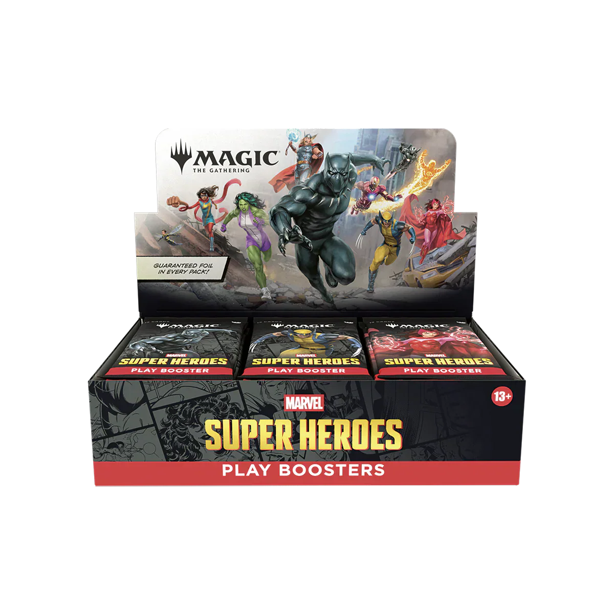 Sealed booster box with colorful Marvel Super Heroes card pack artwork stacked in a display box