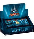 Display of sealed booster box containing 36 Masters 25 trading card packs with fantasy-themed artwork