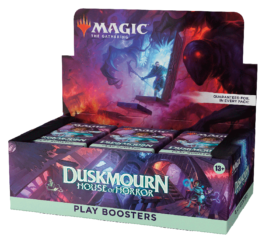 Three-tiered play booster display with horror-themed card sleeves and boxed figure in dusky black and purple tones