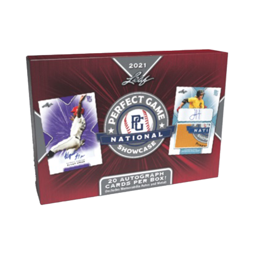 Display of a 2021 Leaf Perfect Game National Showcase hobby box with colorful baseball card pack artwork on a table