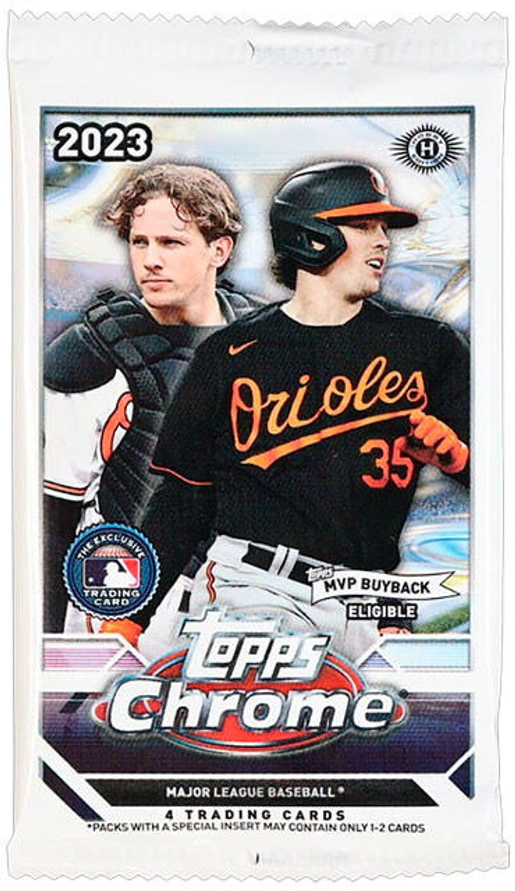 2023 chrome baseball hobby pack box with glossy reflective card imagery and sealed plastic wrap