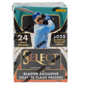 Box of 2025 Select baseball trading cards with colorful team logos and holographic accents on display
