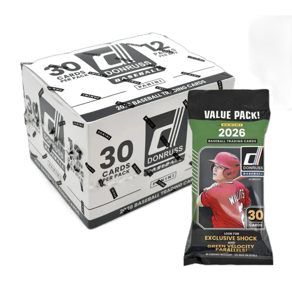 Open box of 12 Panini Donruss 2026 baseball jumbo packs with colorful card art spilling out