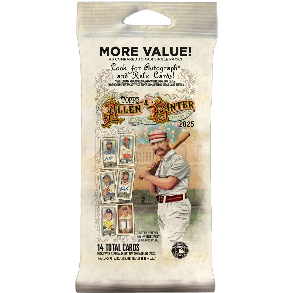 Stacked baseball trading card fat pack with colorful vintage-style player cards and branded packaging