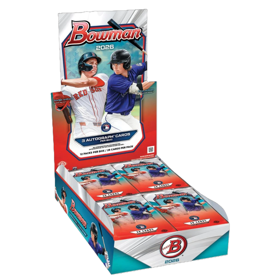 2026 Bowman Baseball jumbo box with colorful card graphics and sealed packaging on a white background