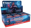 Open booster display box showing multiple Innistrad Remastered play booster packs fanned out on a table