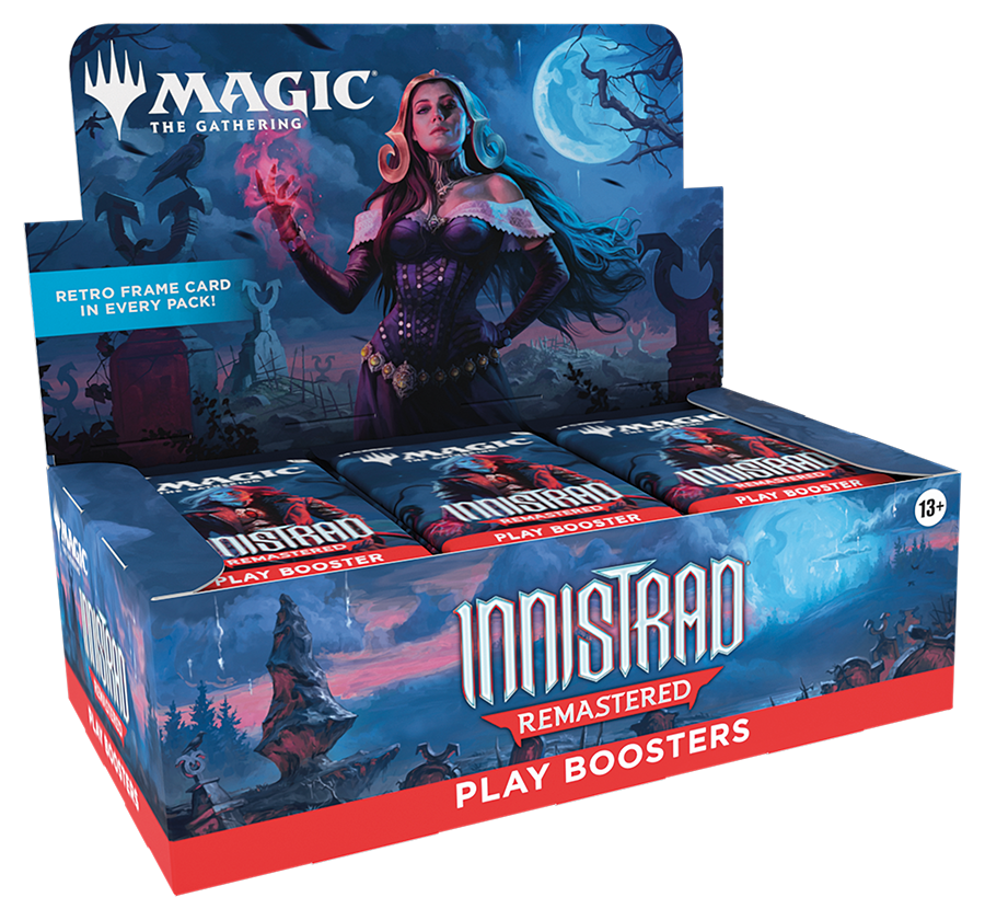 Open booster display box showing multiple Innistrad Remastered play booster packs fanned out on a table