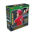Opened box of 2026 baseball card packs and hobby boxes arranged on a table with colorful pack wrappers