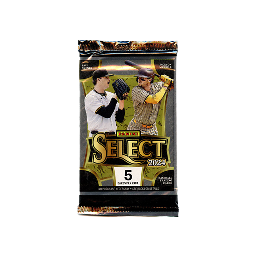 Stacked 2024 Select baseball hobby packs with colorful player action art and gold foil accents on the wrappers