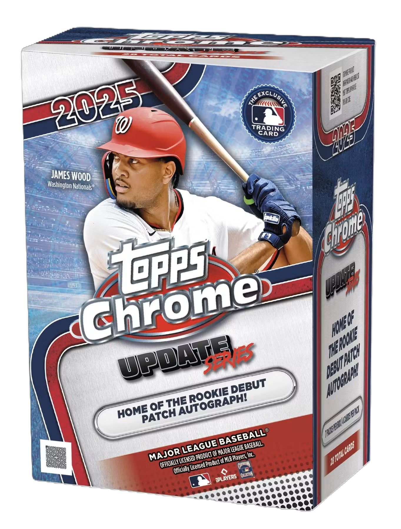 Blaster box of 2025 chrome update baseball cards featuring holographic topps-style graphics and sealed packaging