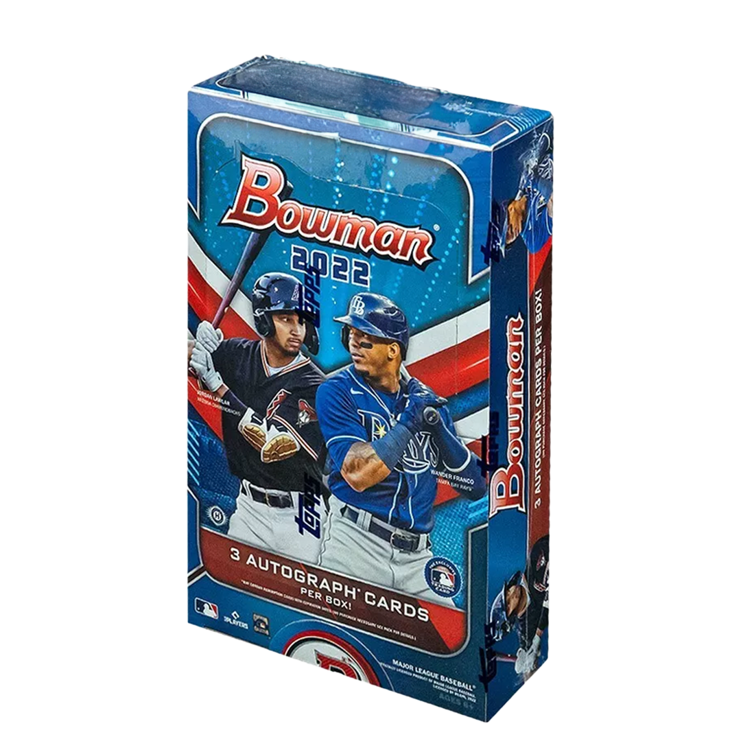 Box of 2022 baseball cards labeled 'Bowman Jumbo Hobby' with colorful player images on the front