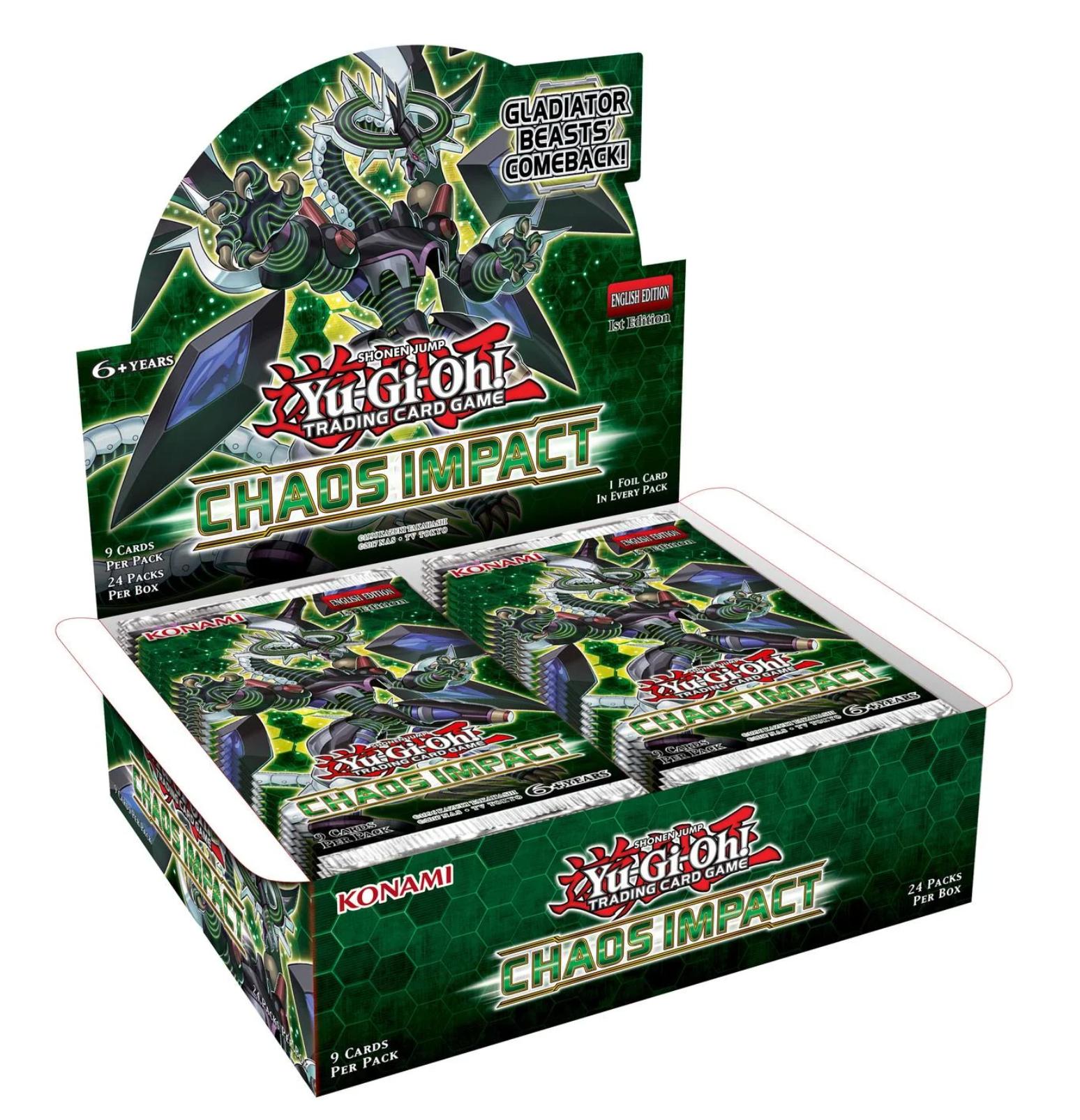 Top-down shot of a sealed Chaos Impact 1st Edition booster box with colorful card art on the lid