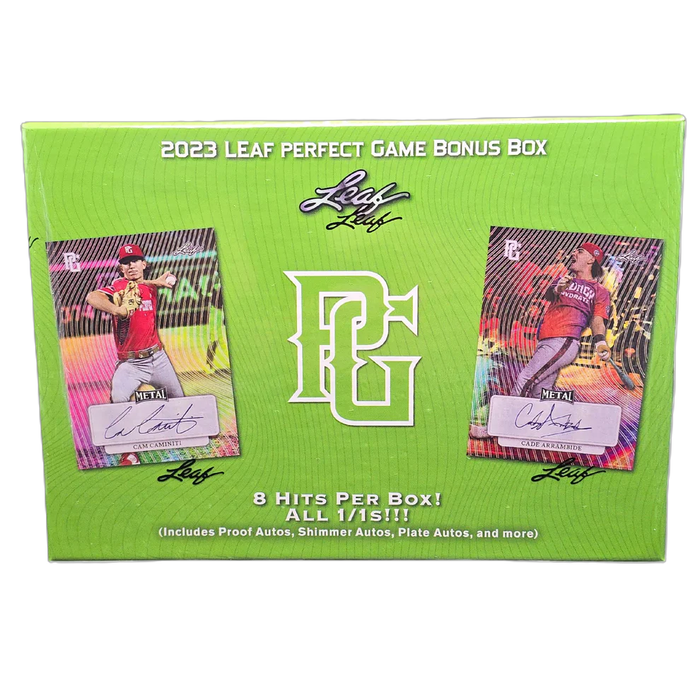 2023 Leaf Perfect Game baseball bonus box with colorful sealed card pack sitting on a gray surface