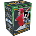 Blaster box of 2026 baseball trading cards showing colorful Donruss logo and card pack artwork