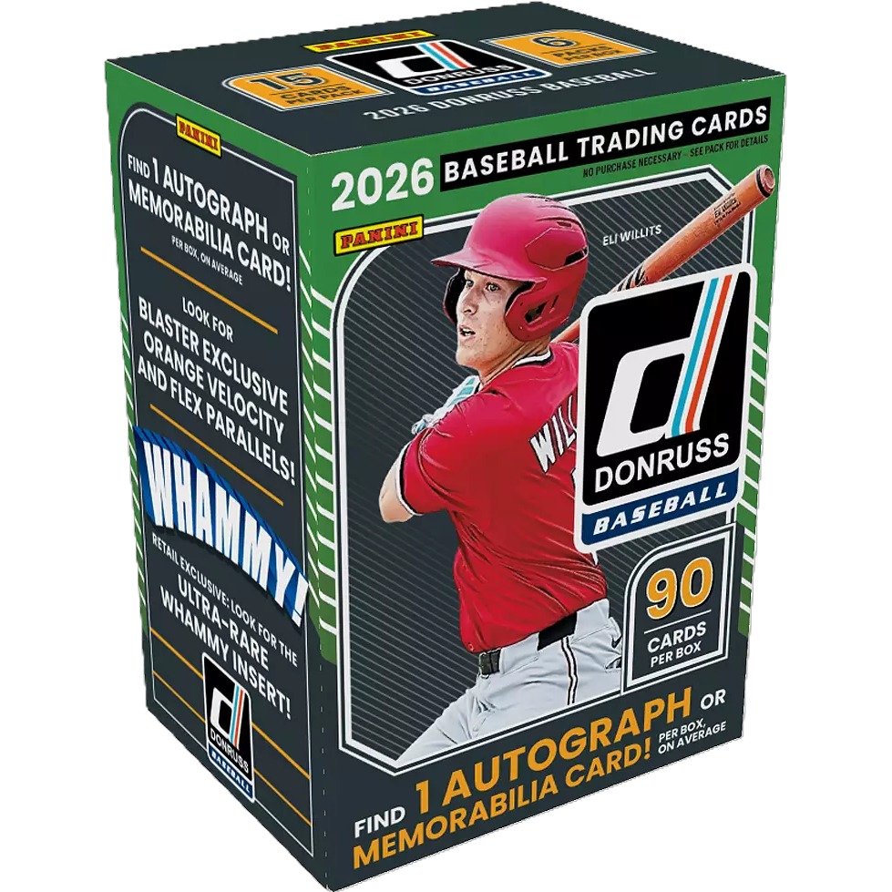 Blaster box of 2026 baseball trading cards showing colorful Donruss logo and card pack artwork