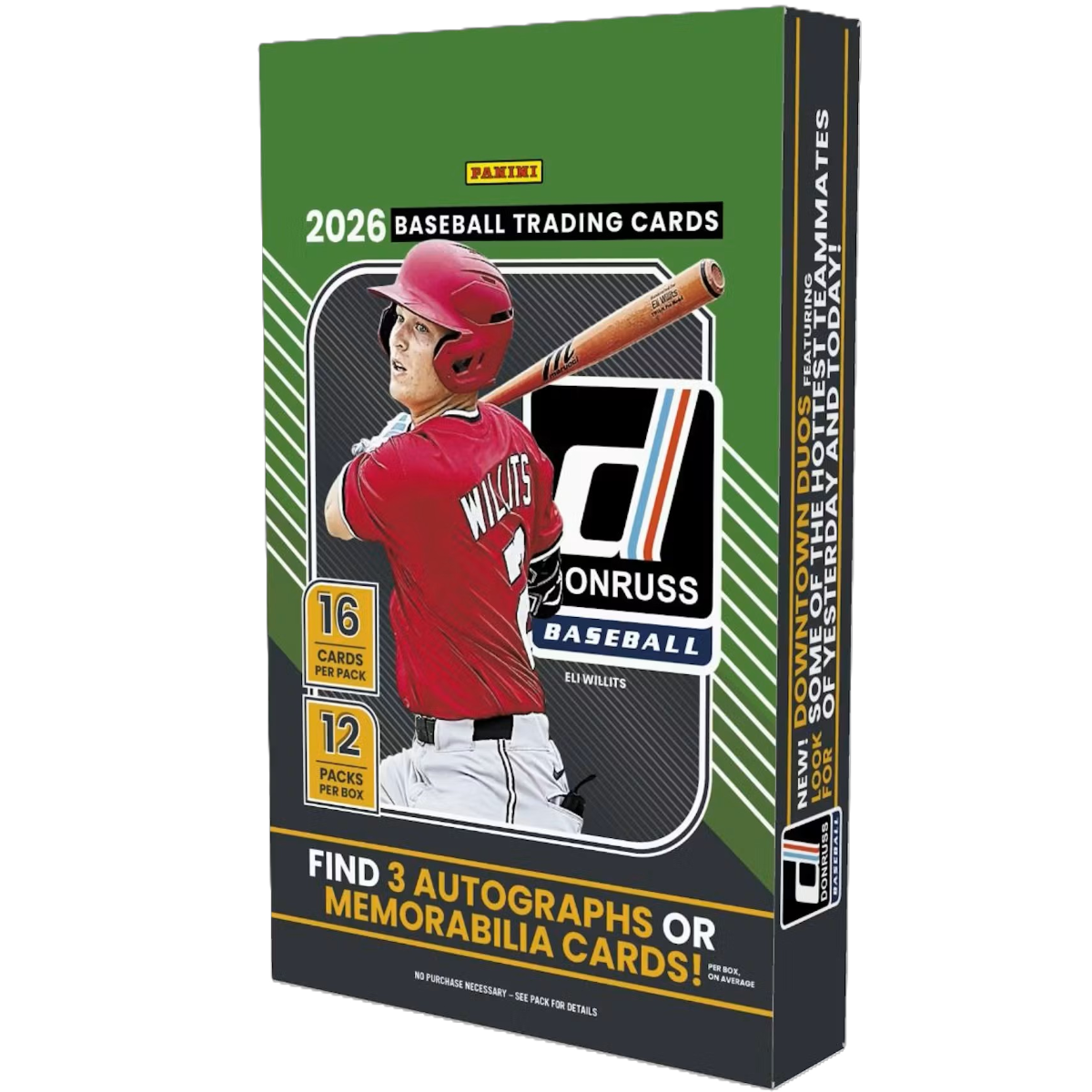 Hobby box front showing 2026 Donruss Panini baseball design with colorful logo and sealed packaging