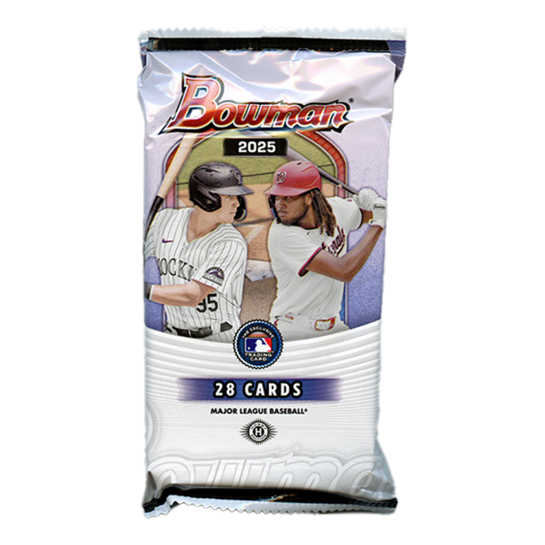 2025 Bowman baseball jumbo pack box with colorful card graphics and sealed wrapper on a white background
