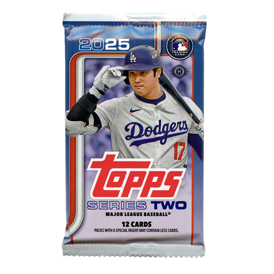 2025 Topps Series 2 baseball hobby pack with colorful rookie card artwork and sealed foil wrapper