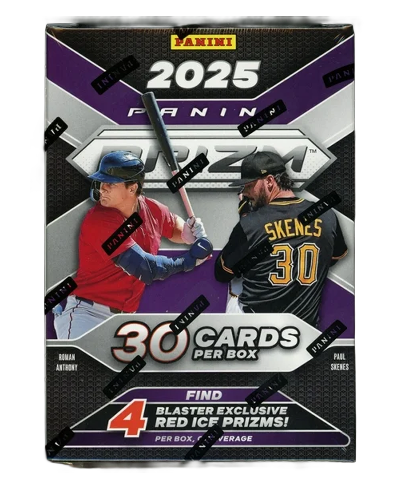 Hobby blaster box of 2025 baseball Prizm cards with colorful logo and sealed foil packaging
