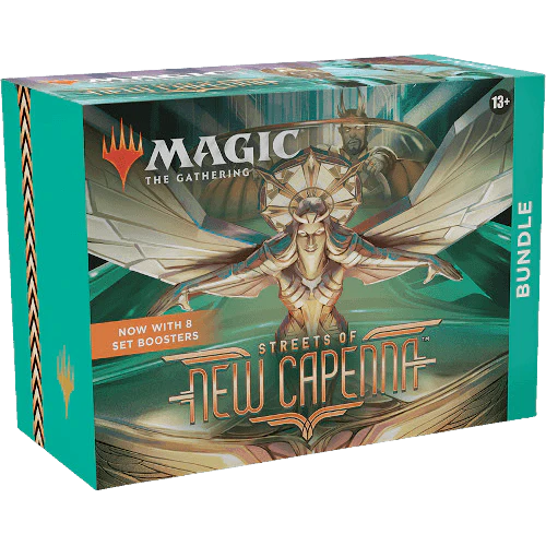 Bundle box and booster packs from the Magic: The Gathering Streets of New Capenna set displayed on a tabletop