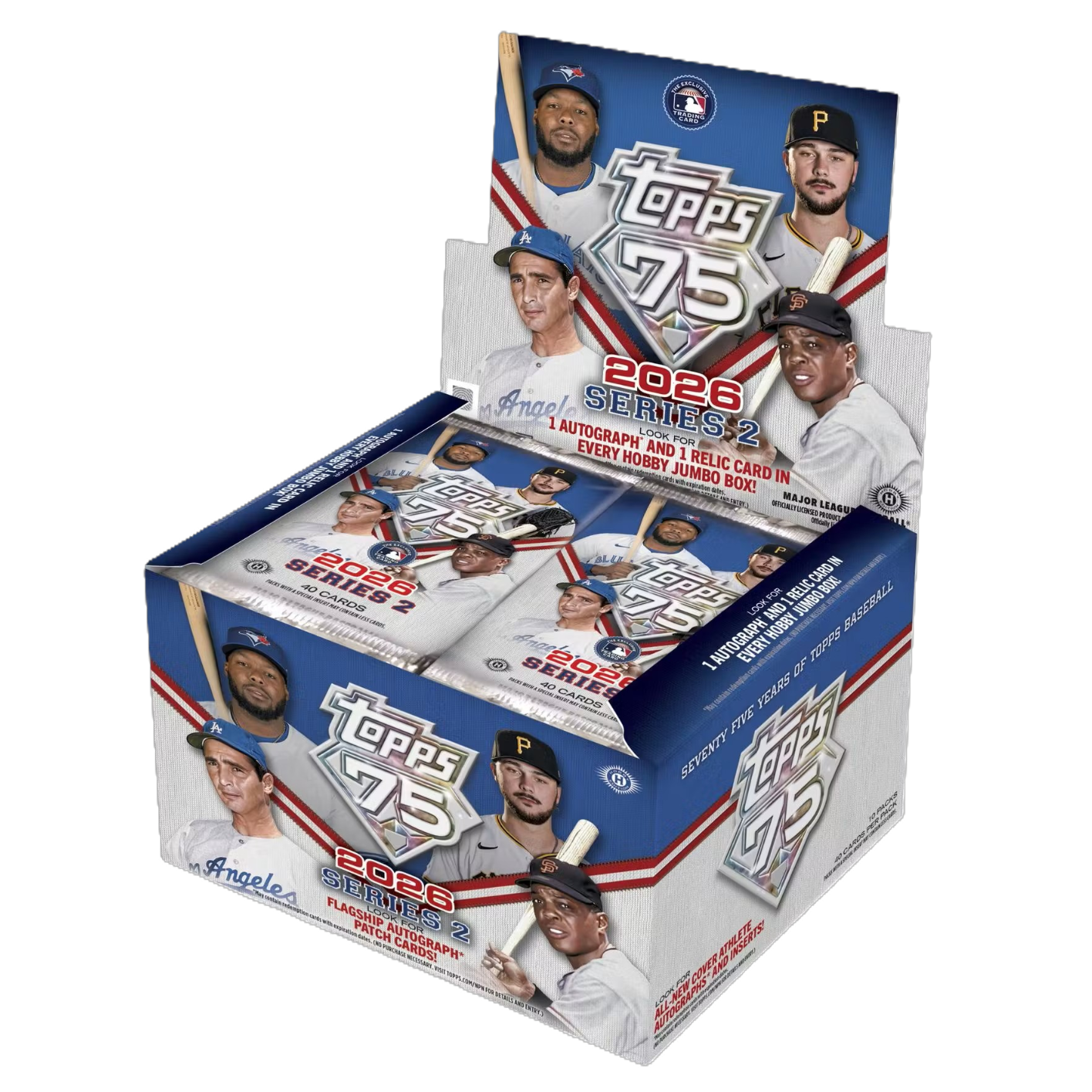 Open baseball jumbo box displaying stacked 2026 Series 2 trading card packs with colorful team graphics