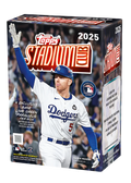 Blaster box of 2025 baseball trading cards from Topps Stadium Club with colorful player photography on the front