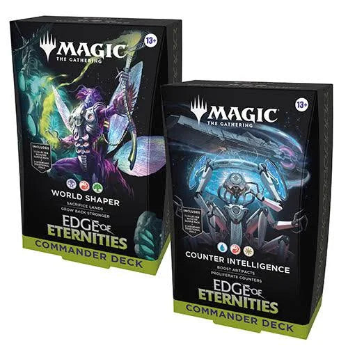 Two commander deck boxes standing side by side with ornate fantasy artwork and decorative metallic edging